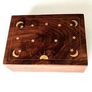 Handmade rectangular 7”x5”x2” wooden box with shiny gold sun stars moons pattern